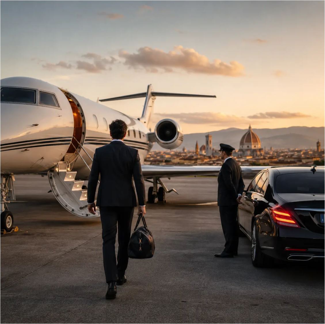 A traveler walking from a private jet toward a chauffeur holding open a black car door on the tarmac
